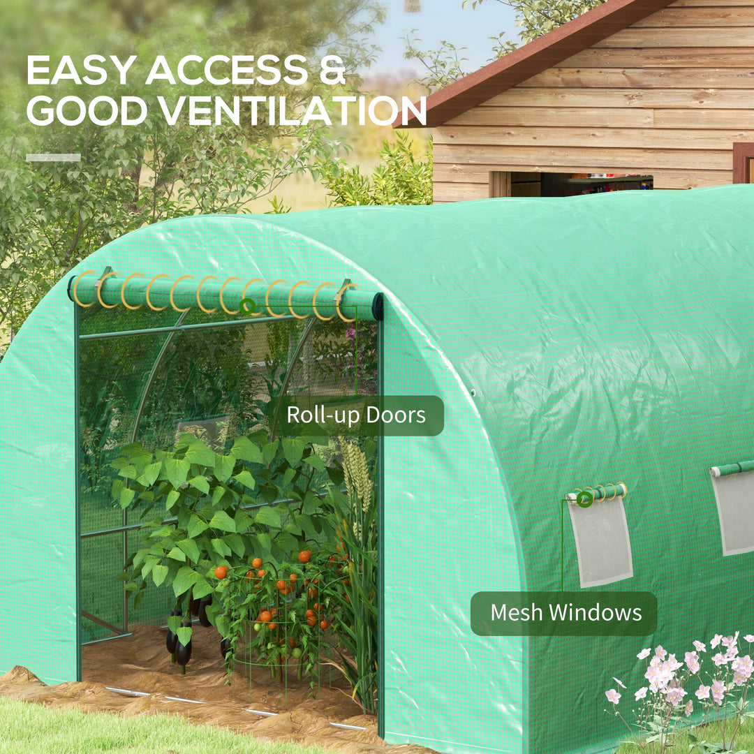 Outsunny 20' x 10' Walk-in Greenhouse with Sprinkler System, Tunnel Green House with Wide Roll-up Door, 12 Mesh Windows, Green