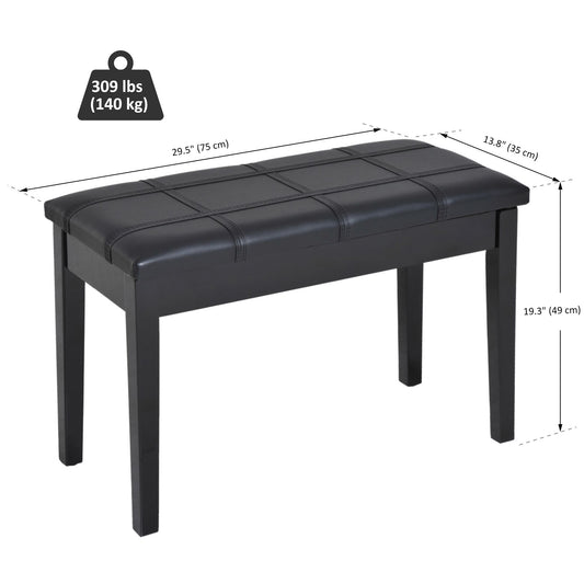 HOMCOM Classic Piano Bench Stool, PU Leather Padded Keyboard Seat with Rubber Wood Legs and Music Storage Compartment, Banded Seat, Black