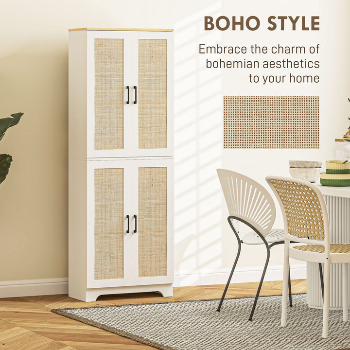 HOMCOM 67" Tall Kitchen Pantry, Freestanding Kitchen Storage Cabinet with 4 Rattan Doors and Adjustable Shelves, White