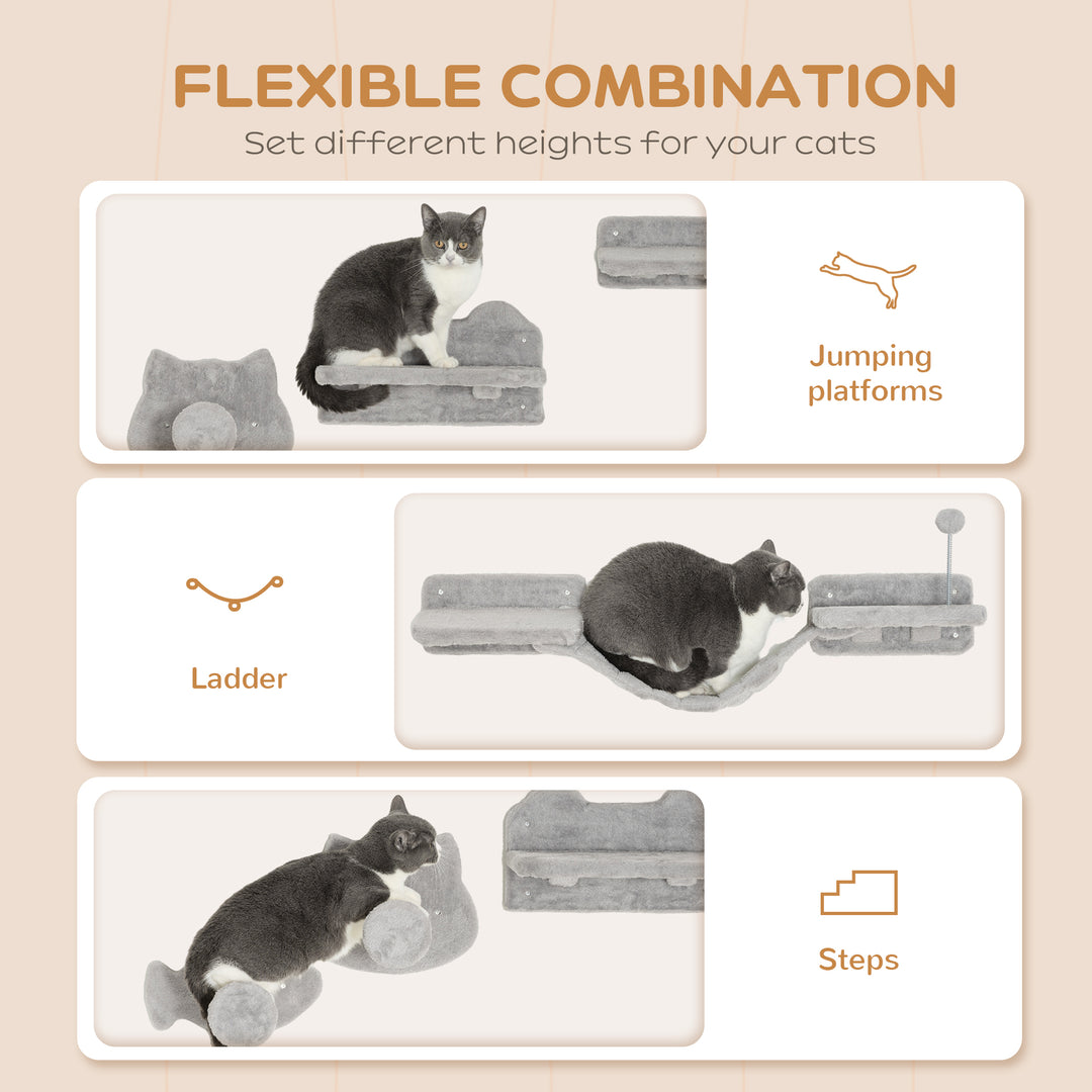 PawHut 4PCs Cat Wall Shelves with Steps, Scratching Posts, Ladder, Platforms, Toy Balls