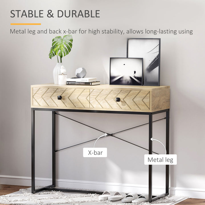 HOMCOM 36" Console Table with 2 Storage Drawers, Narrow Entryway Table with Metal Frame and Back X-Bar for Behind Couch, Living Room, Study Room, Office