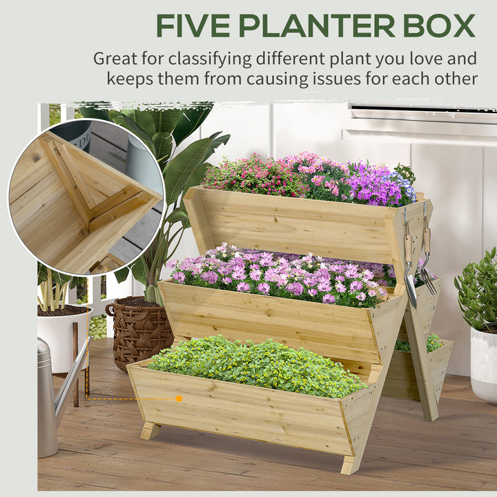 Outsunny Raised Garden Bed Wood, Freestanding Planter Stand with 5 Planting Boxes and 4 Hooks, Good for Herbs, Flowers, or Vegetables in Patio Balcony Indoor Outdoor
