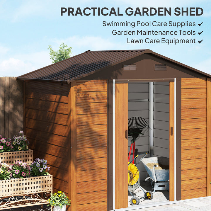 Outsunny 7.7' x 6.5' Outdoor Metal Garden Shed with Lock and Ventilation Gardening Tool Storage, Dark Brown