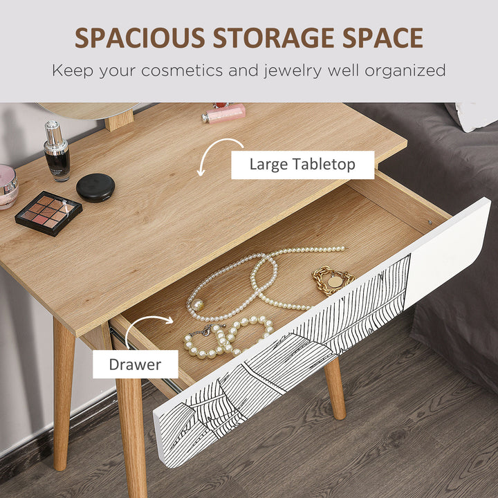 HOMCOM Vanity Table, Makeup Vanity with Drawer and Height Adjustable Mirror, Dressing Table with Wood Legs for Bedroom, Oak