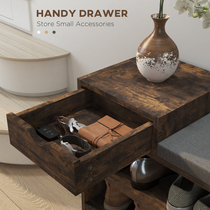 HOMCOM Upholstered Shoe Storage Bench, Hallway Shoe Storage with Seat, Drawer, 3 Open Shelves for Entryway, White