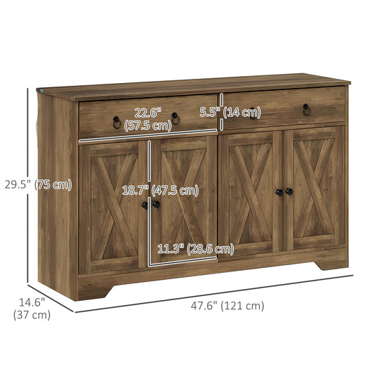 HOMCOM Sideboard Cabinet with 2 Drawers, 4 Barn Doors and 2 Adjustable Shelves, Buffet Table for Living Room, Light Brown