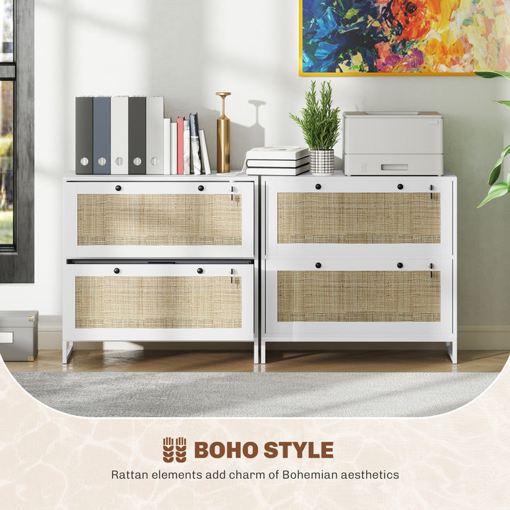 Vinsetto 2-Drawer Filing Cabinet with Lock, Rattan File Cabinet with Adjustable Hanging Bar, Natural