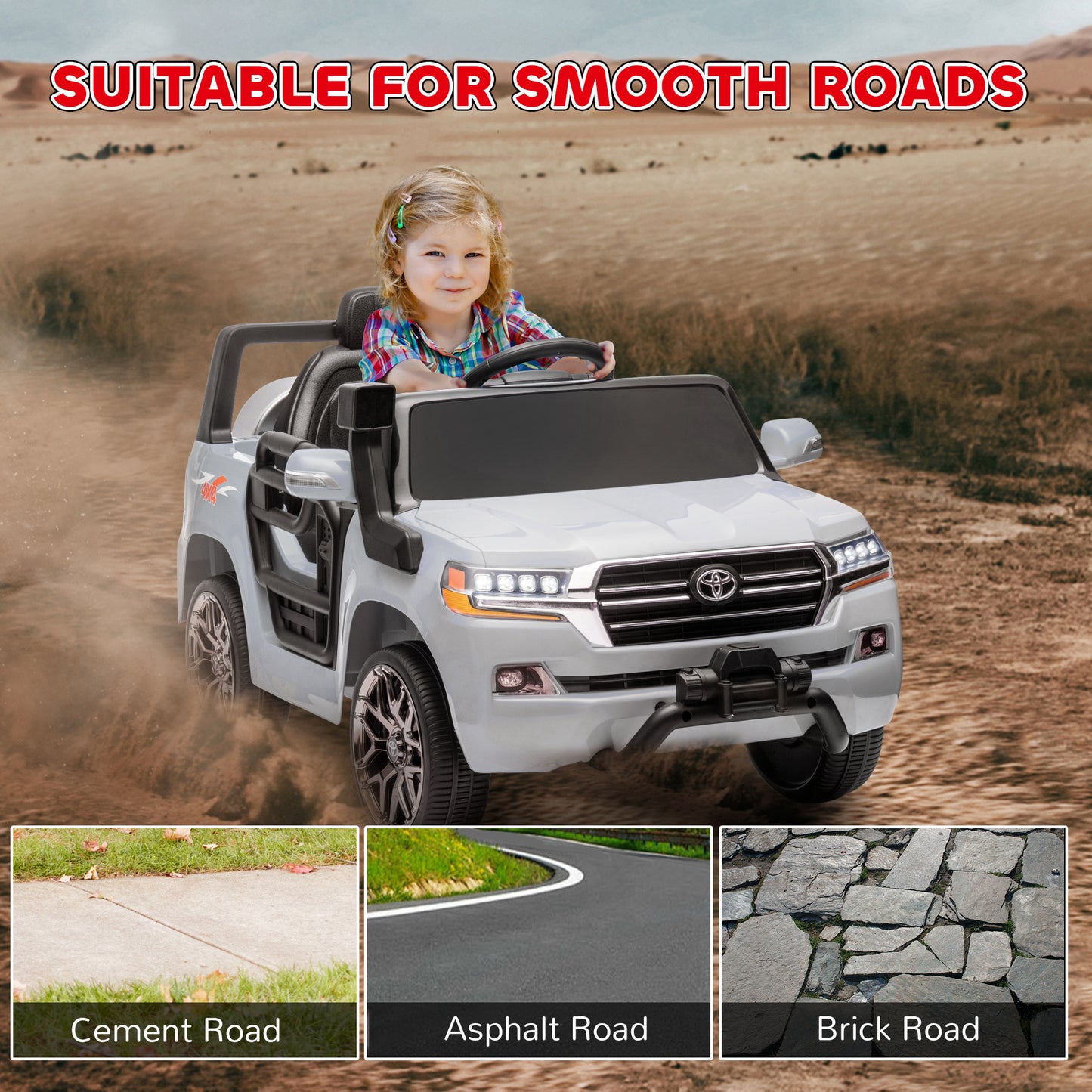 Qaba 12V Toyota LAND CRUISER Licensed Kids Car w Remote Control, Four Wheel Spring Suspension, Soft Start, LED Light, Pink