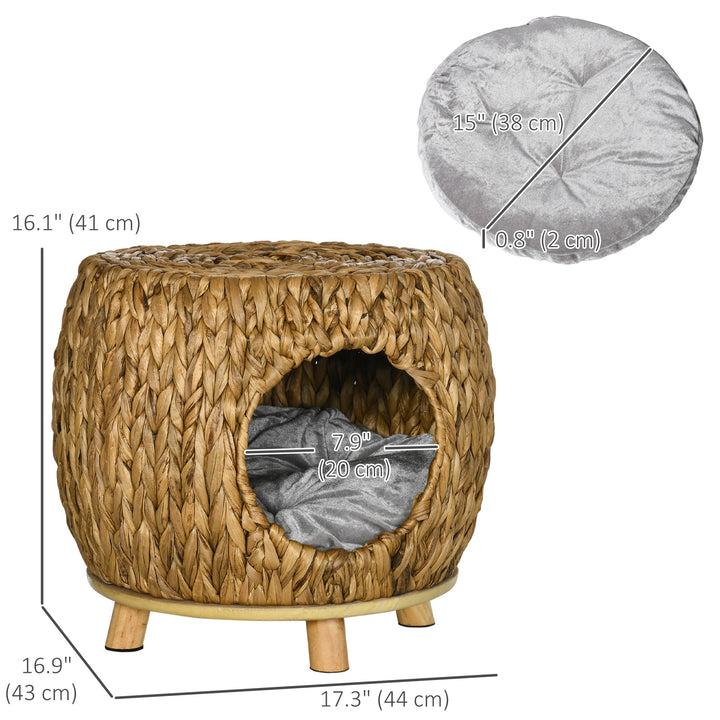 PawHut Wicker Cat Bed with Washable Cushion, Elevated Rattan Kitten Bed for Indoor Cats, Light Brown