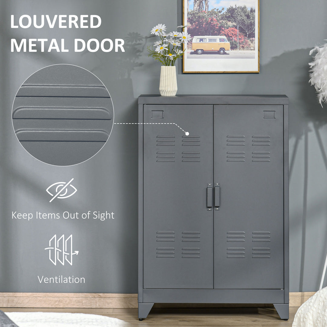 HOMCOM Metal Storage Cabinet, Industrial Sideboard Buffet Cabinet with 2 Louvered Doors, Adjustable Shelves, Grey