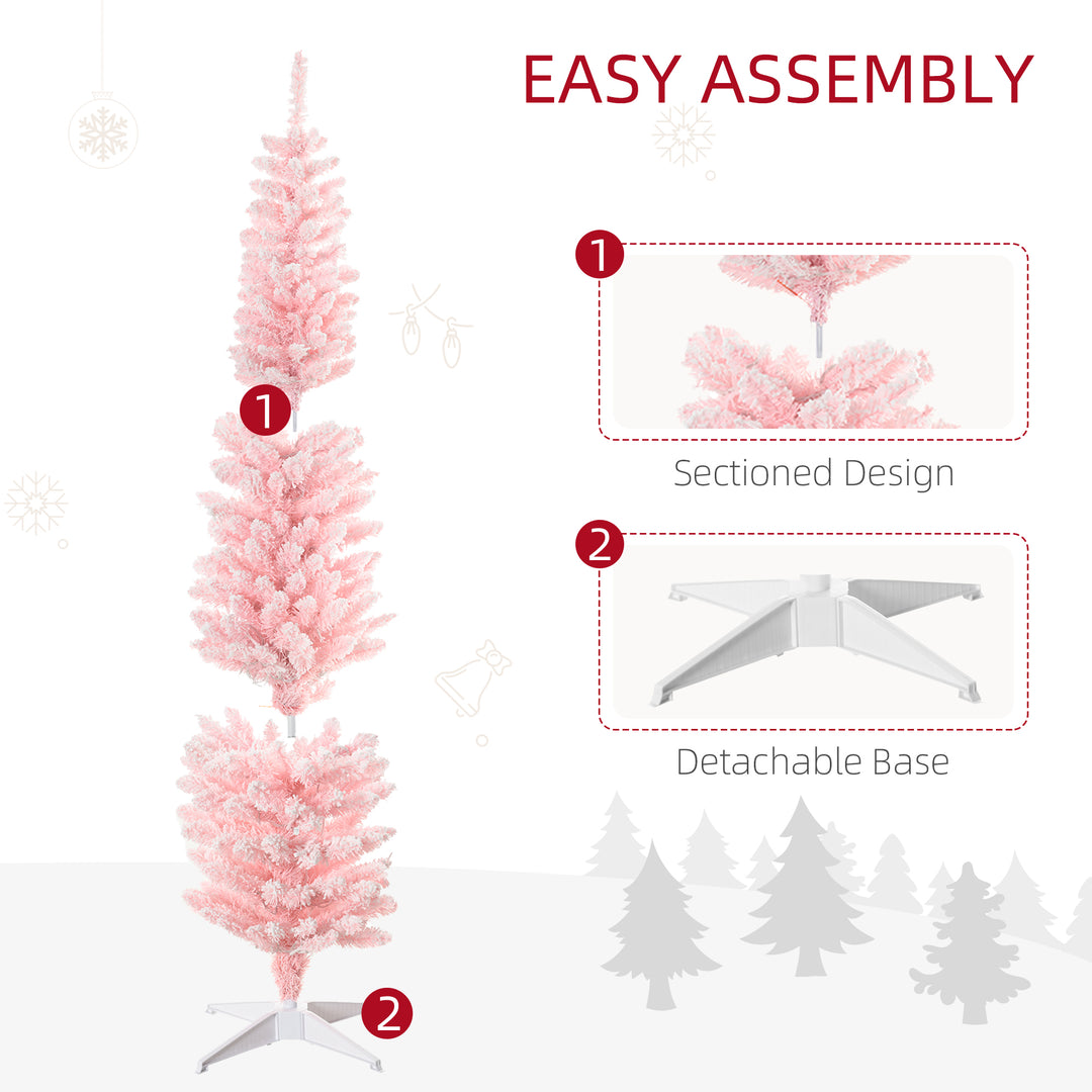HOMCOM 6' Flocked Christmas Trees, Pencil Prelit Artificial Christmas Tree with Snow Branches, Pink