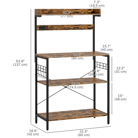 HOMCOM Kitchen Baker's Rack with Power Outlet, Coffee Bar Station with Adjustable Shelves and Hooks, Rustic Brown