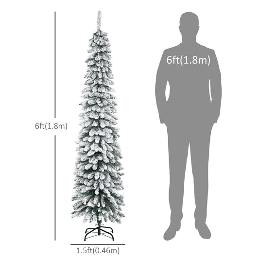 HOMCOM 6 Ft Snow-Flocked Artificial Christmas Tree, Slim Pencil Xmas Tree with Realistic Branches, Metal Base, Green
