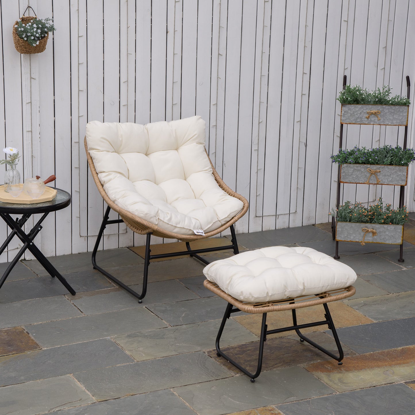 Outsunny Rattan Chair w/ Stool, Cushion, Adjustable Foot Pads, Natural