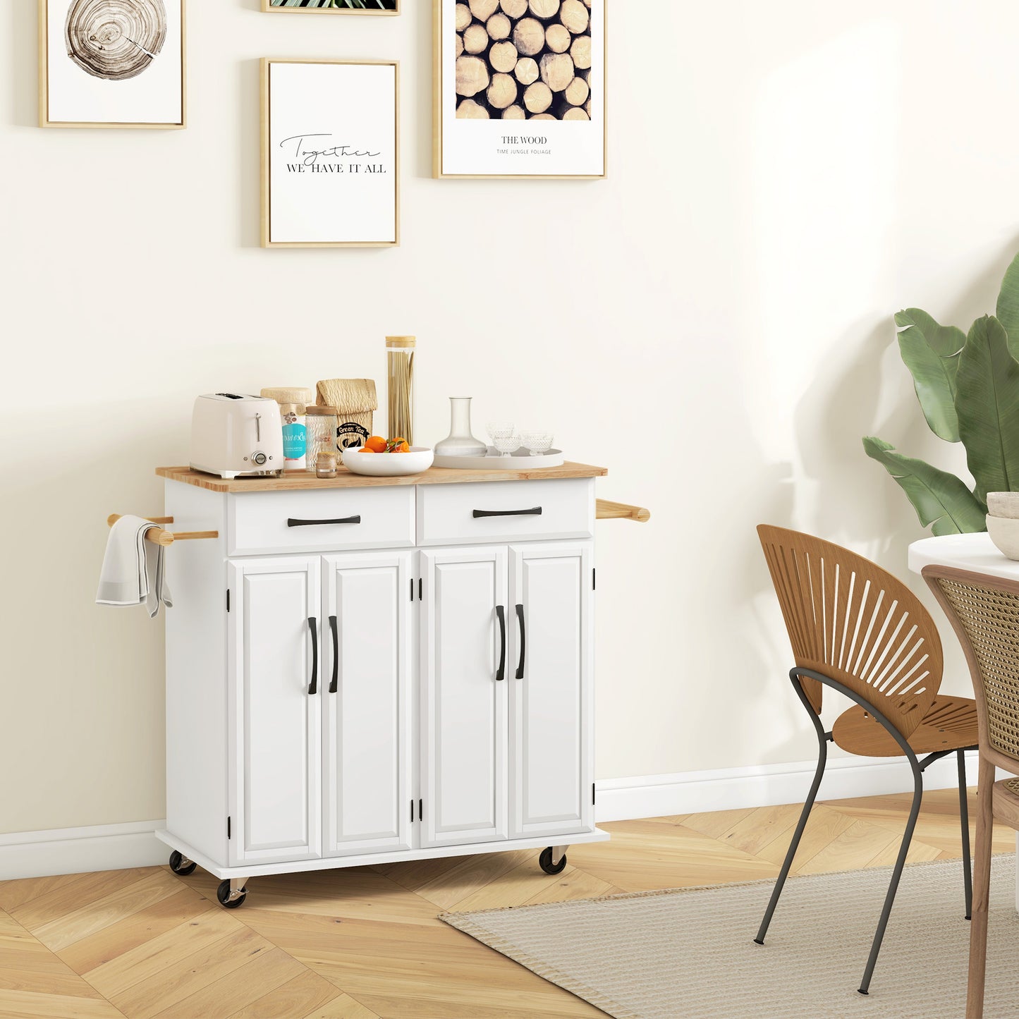 HOMCOM Kitchen Island on Wheels with Rubberwood Top, Rolling Kitchen Cart with 2 Drawers, 4 Doors and Adjustable Shelves