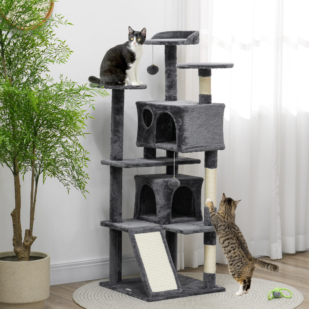 PawHut 54" Cat Tree, Multi-Level Cat Tower with Scratching Posts, Cat Condos, Bed, Platforms, Ramp, Toy Ball, Dark Blue