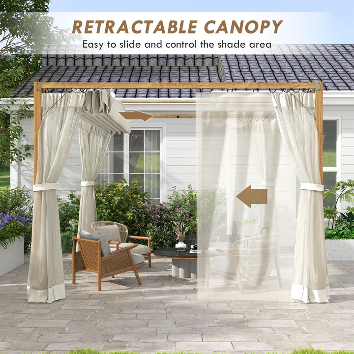 Outsunny 10 x 10 ft Retractable Pergola, Garden Gazebo Shelter with Nettings for Grill, Patio, Deck, Natural