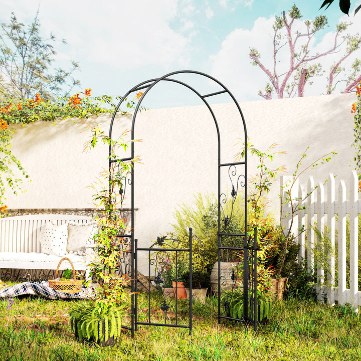 Outsunny 7ft Steel Garden Arch with Gate, Garden Arbor Trellis for Climbing Plants, Roses, Vines, Wedding Arch for Outdoor, Garden, Lawn, Backyard, Black