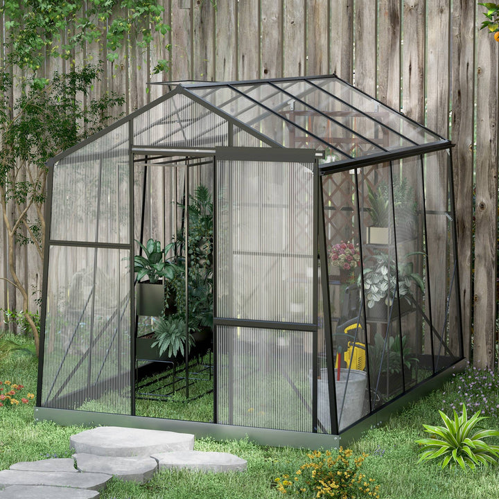 Outsunny 6' x 8' Walk-in Polycarbonate Greenhouse Aluminium Green House with Sliding Door, 5-Level Roof Vent, Rain Gutter