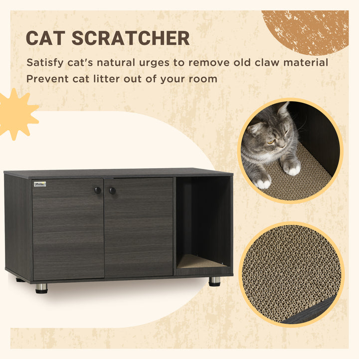 PawHut Litter Box Furniture Hidden Cat Washroom Furniture with Double Doors and Scratching Pad, Black
