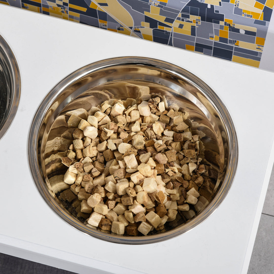 PawHut Deluxe Double Pet Dog Bowl Feeding Station Wooden Stand Pet Feeder Elevated Base Twin Bowls Stainless Steel, White