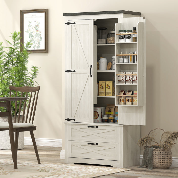 HOMCOM Farmhouse Kitchen Pantry Storage Cabinet, 64" Freestanding Kitchen Pantry Cabinet with Drawers, Distressed White