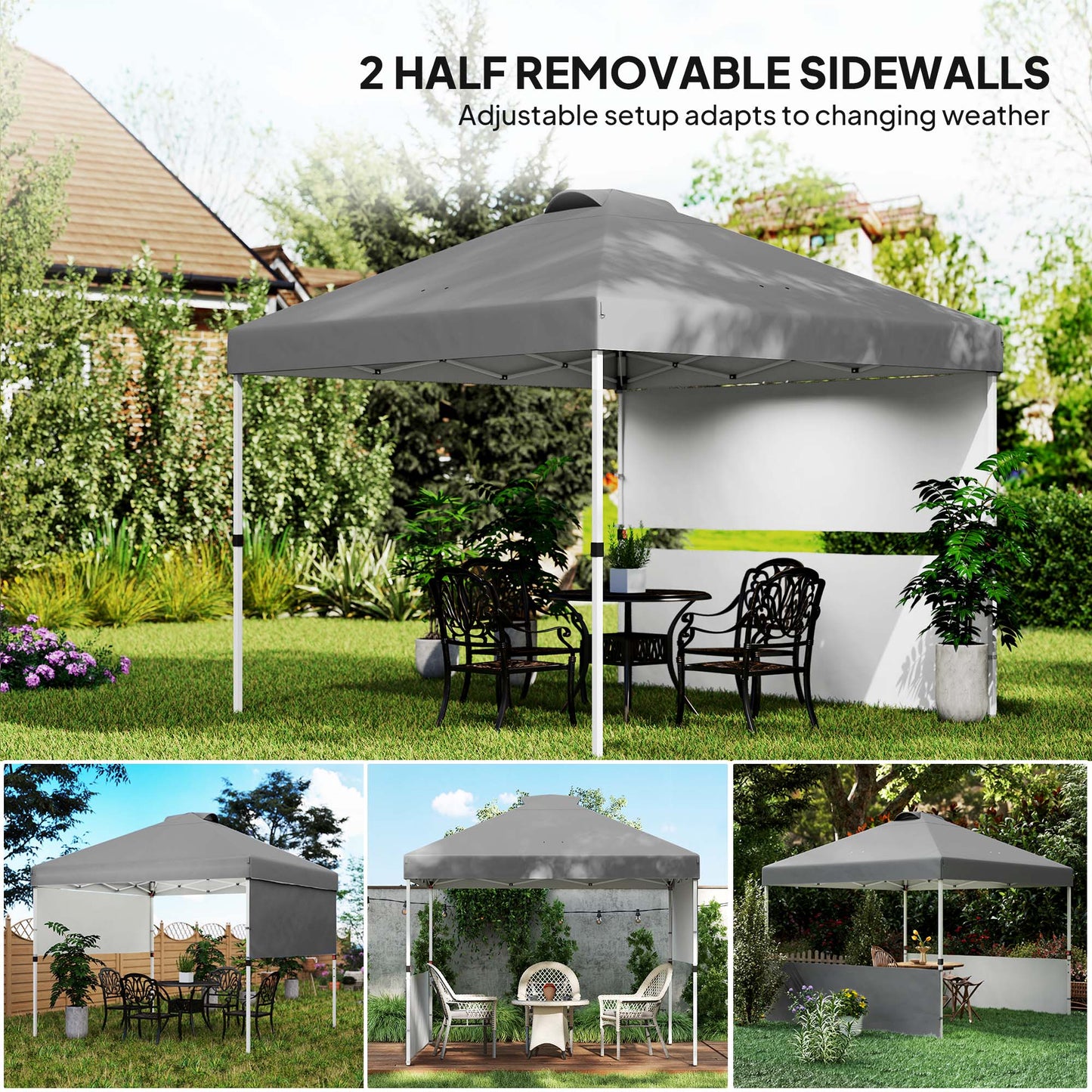 Outsunny 10' x 10' Pop Up Canopy Tent with 2 Half Sidewalls, UV50+ Height Adjustable Instant Sun Shelter, White