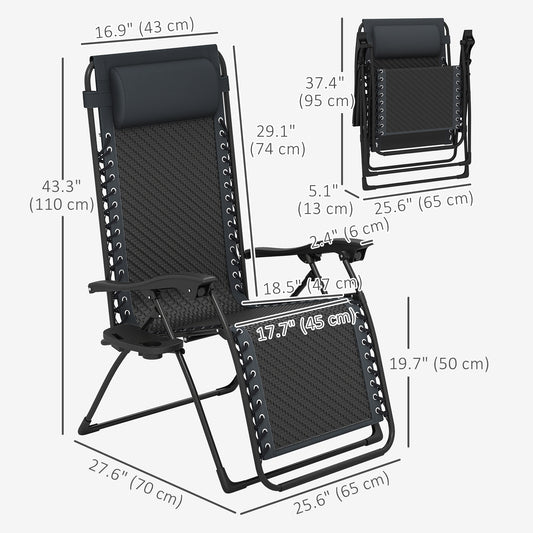 Outsunny Wicker Folding Lounge Chair with Adjustable Backrest, Rattan Recliner Chair with Headrest & Side Table Tray, Black