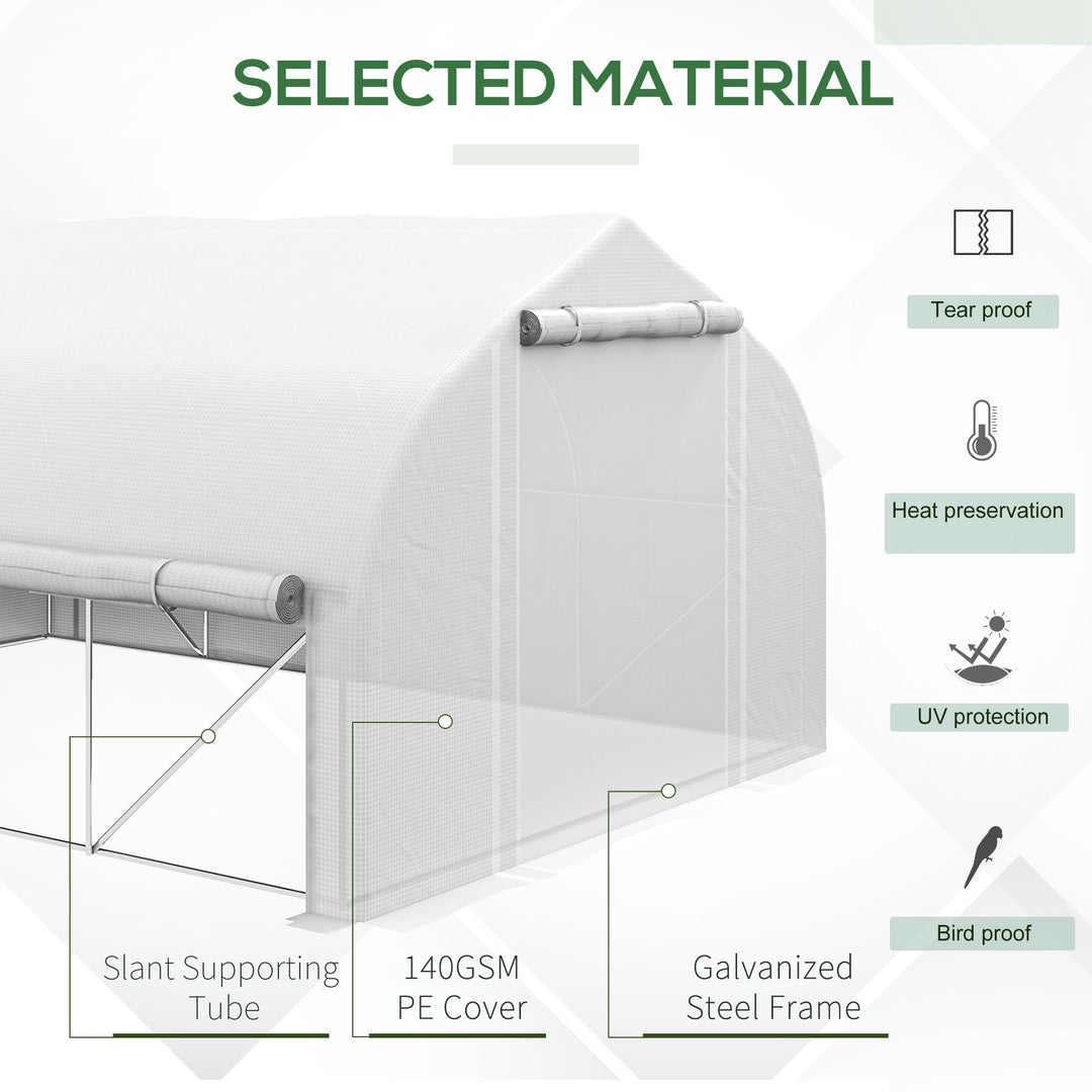 Outsunny 13 x 9.8ft Walk-in Polytunnel Greenhouse, Zipped Roll Up Sidewalls, Mesh Door, 8 Mesh Windows, Tunnel Warm House Tent with PE Cover, Plant Labels and Gloves, White