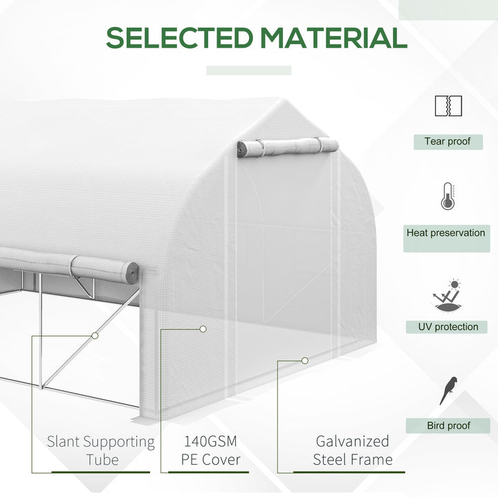 Outsunny 13 x 9.8ft Walk-in Polytunnel Greenhouse, Zipped Roll Up Sidewalls, Mesh Door, 8 Mesh Windows, Tunnel Warm House Tent with PE Cover, Plant Labels and Gloves, White