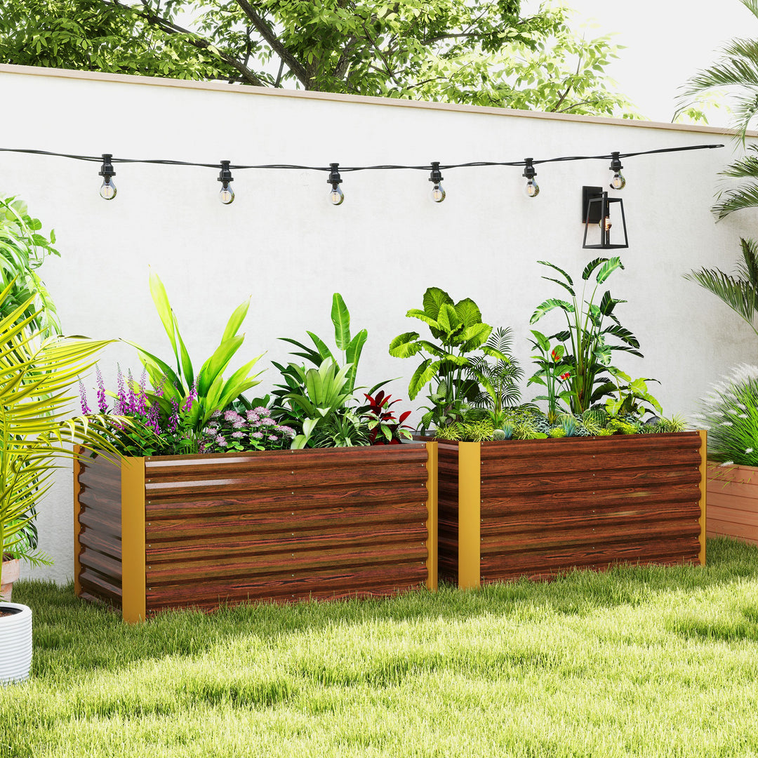 Outsunny Set of 2 Galvanized Metal Planters for Outdoor Plants, 4' x 2' x 2' Raised Garden Bed, Distressed Dark Brown