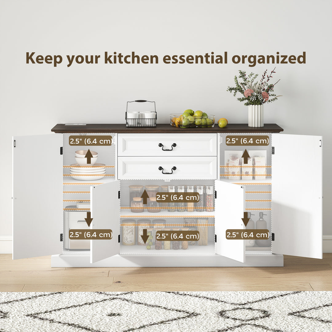 HOMCOM Farmhouse Sideboard with Charging Station and Thickened Top, 58" Buffet Cabinet with 2 Soft-Close Drawers, White