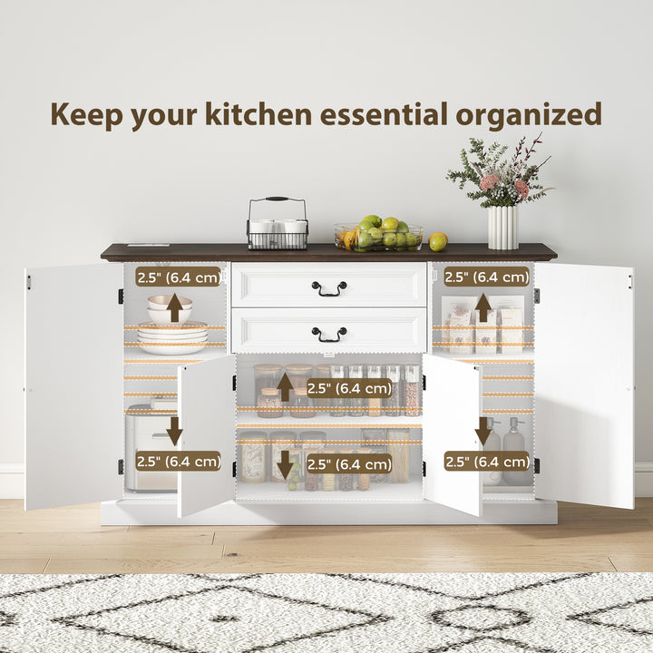 HOMCOM Farmhouse Sideboard with Charging Station and Thickened Top, 58" Buffet Cabinet with 2 Soft-Close Drawers, White