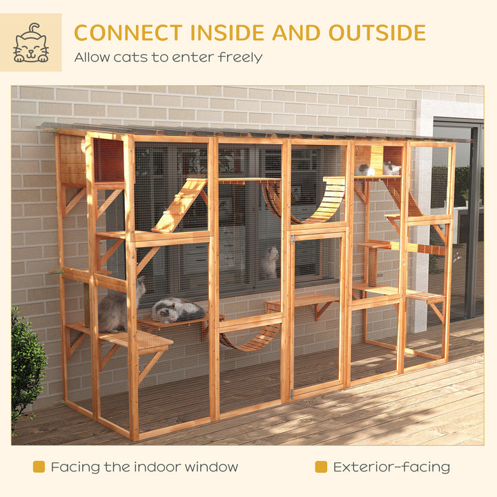 PawHut Large Outdoor Catio with Condos, Platforms, Doors, Ladders, Weather-Resistant Roof, Orange
