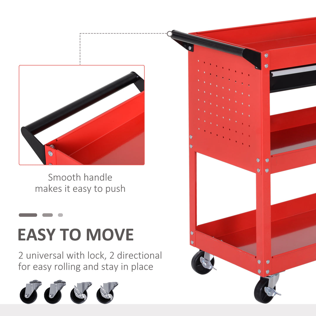 HOMCOM Tool Cart on Wheels, Utility Cart with Wheels, Ball Bearing Drawer, Storage Trays for Garage, Warehouse, Workshop, Red
