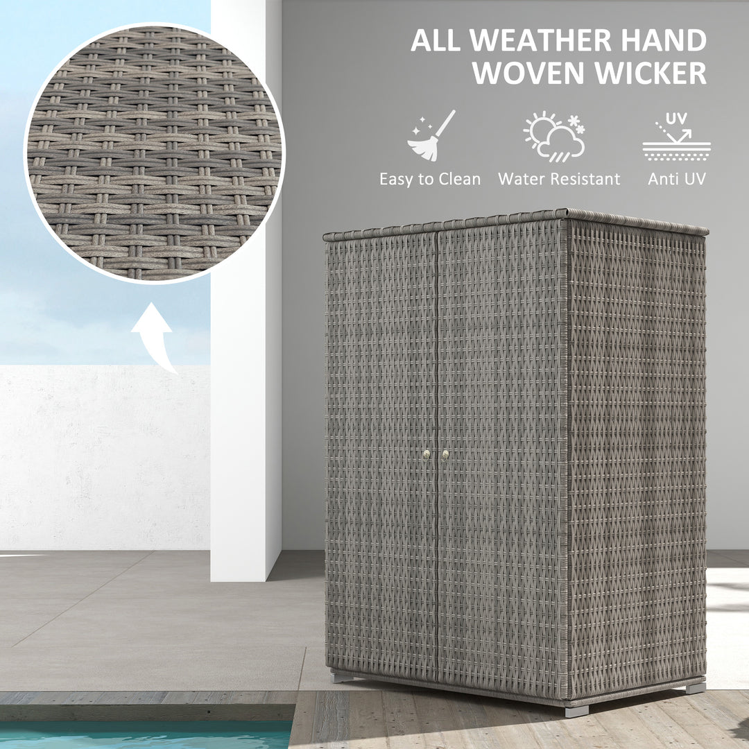 Outsunny Wicker Outdoor Storage Cabinet, 2-Door Rattan Pool Towel Storage Cabinet with Drawer & Removable Shelf, Dark Grey
