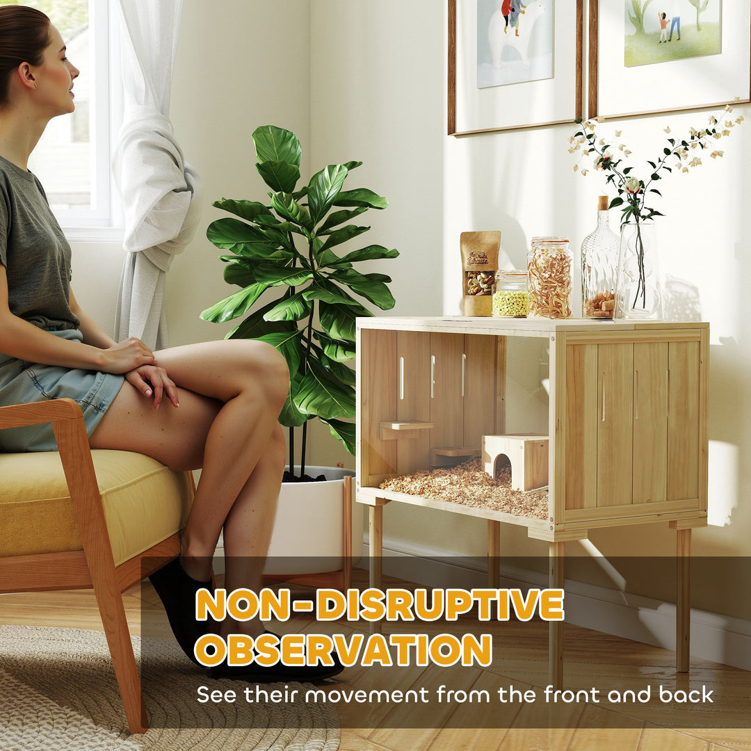 PawHut 28"L Wooden Hamster Cage with Seesaw, Water Bottle, Food Dish, Hut, Transparent Panel for Easy Observe, Nature Wood