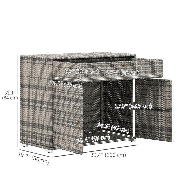 Outsunny Outdoor Storage Cabinet, Wicker 2-Door Pool Towel Storage Cabinet with Drawer, PE Rattan Pool Organizer, Grey