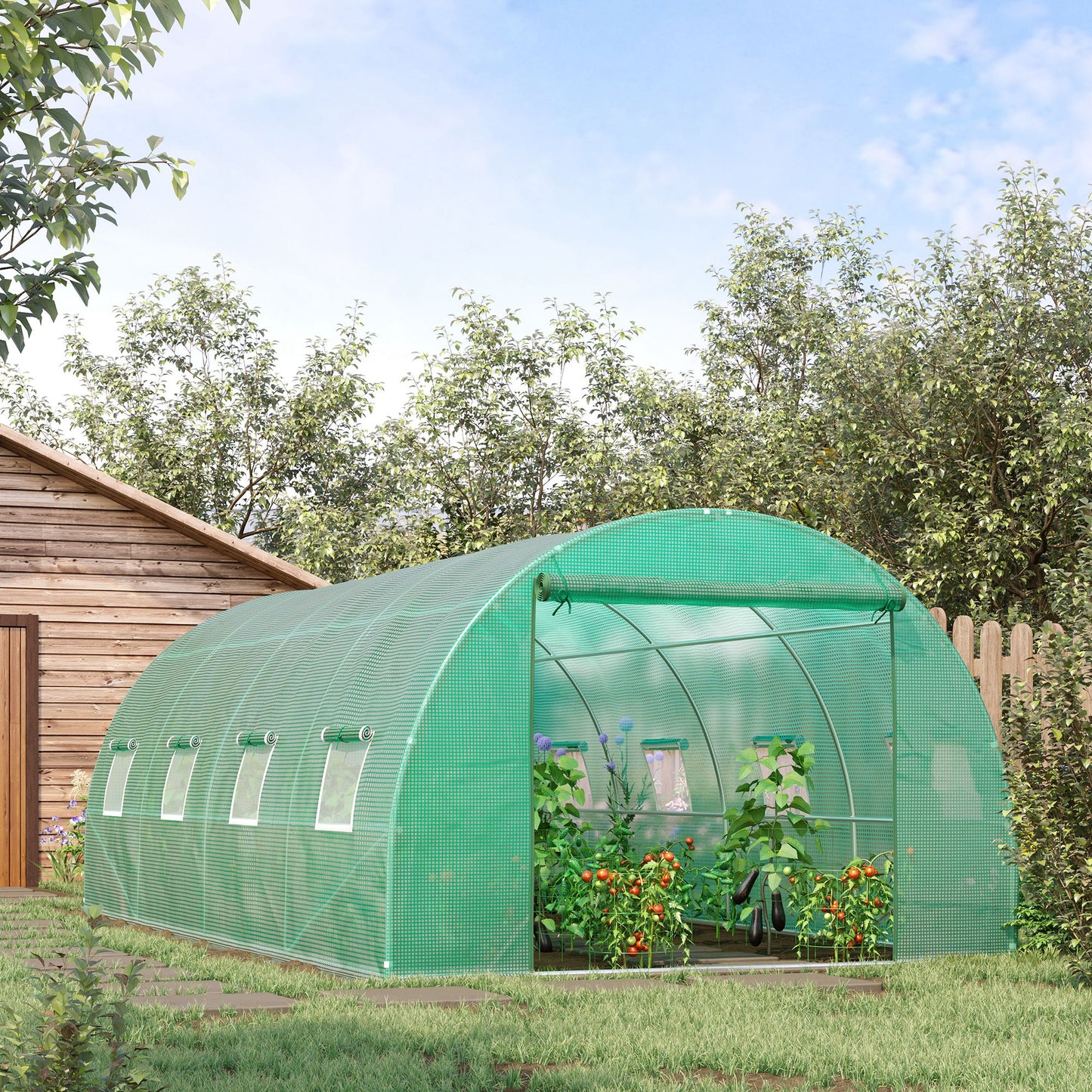 Outsunny Walk-in Tunnel Greenhouse, 13 x 6.4 x 6.5 ft Hoop House with Zipped Roll-Up Door and 8 Mesh Windows, Outdoor Greenhouse with Galvanised Steel Frame, Green