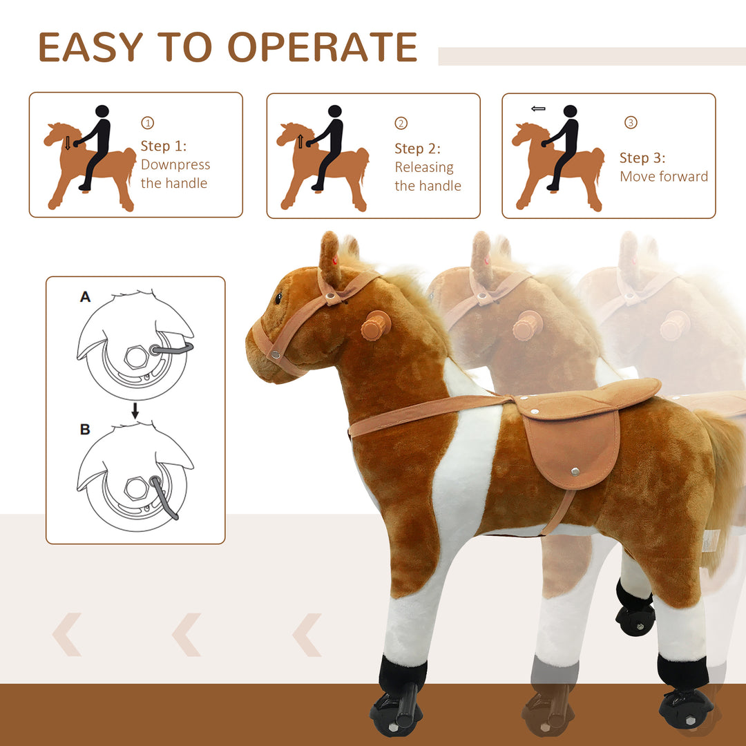 Qaba Kids Rocking Horse, Large Walking Ride on Toy for Toddlers 3 year old, Baby Plush Animal Rocker with Sound and Wheel, Pink