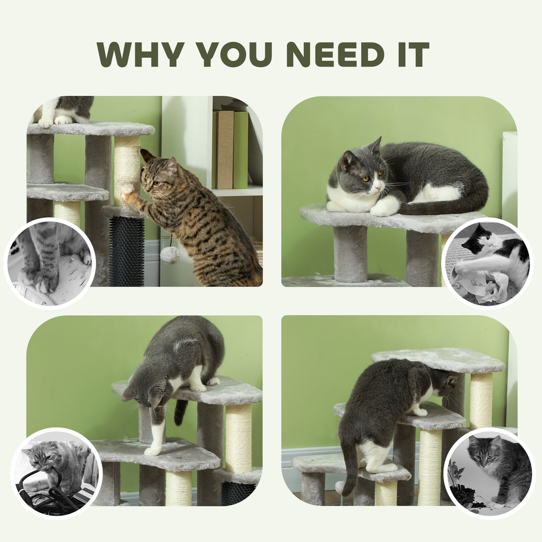 PawHut 2 in 1 Cat Tree 3 Steps Pet Stairs with Scratching Posts, Tickling Post, Toy Balls, for Bed, Couch, Sofa, Light Grey