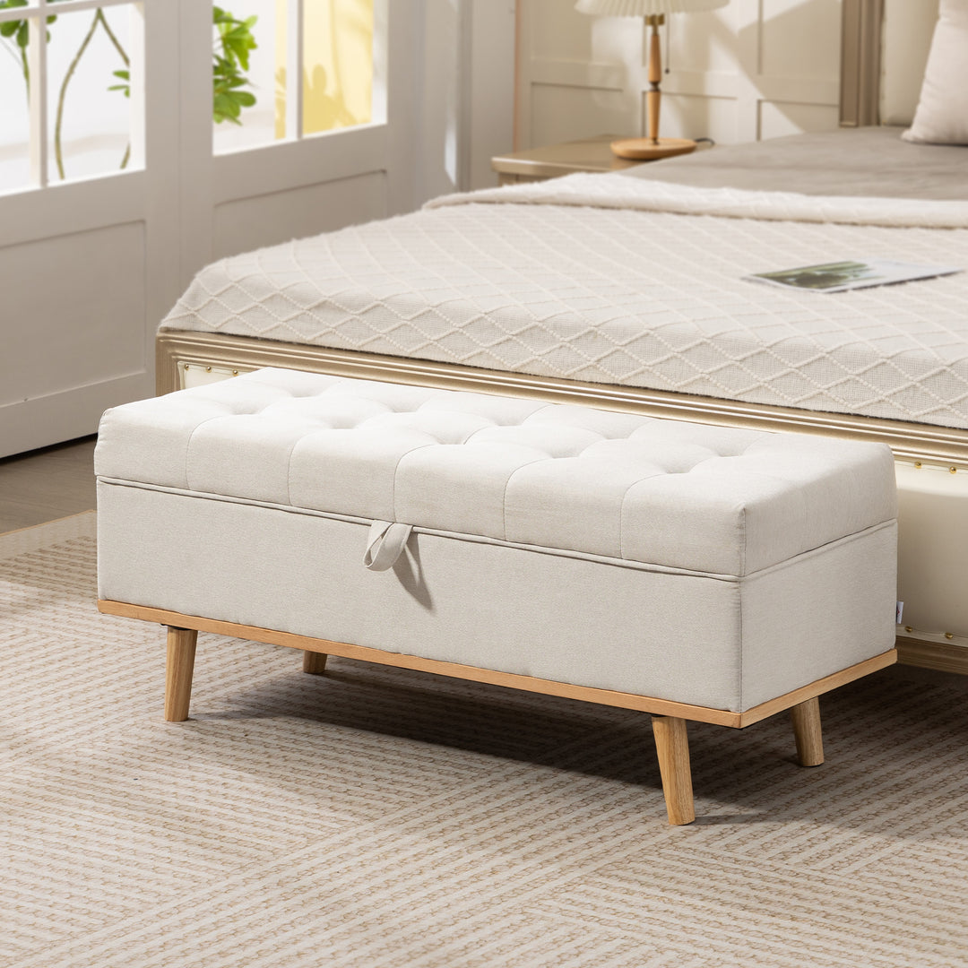 HOMCOM Storage Ottoman Bench, Foot Rest with Lift-Up Lid and Wood Legs, Linen Storage Chest for Living Room, Cream White