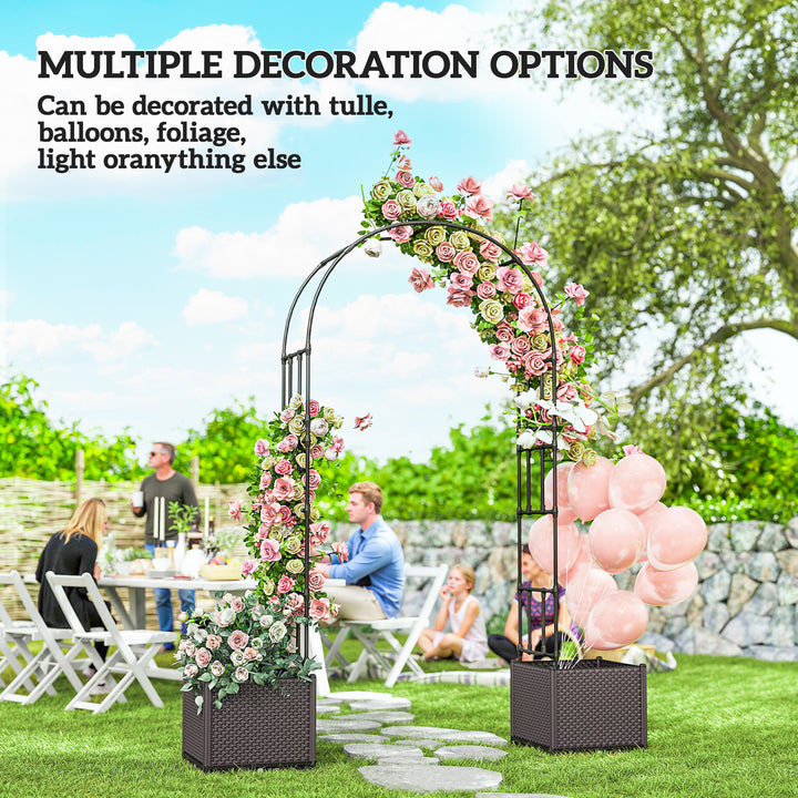 Outsunny 8ft Garden Arch with Two Planters Outdoor Steel Trellis Arbor for Climbing Plants, Weddings, Party, Brown, Black