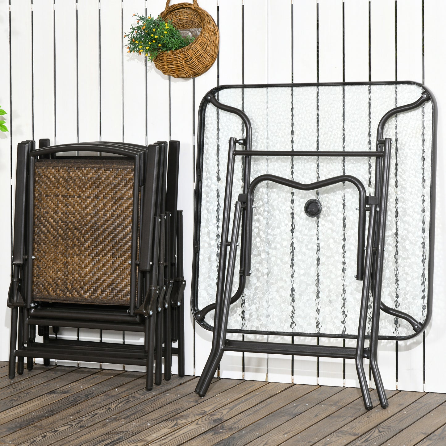 Outsunny 5 Pieces Folding Rattan Patio Table and Chairs for 4 with Umbrella Hole, Tempered Glass Top, Dark Brown