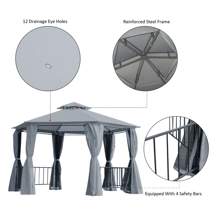 Outsunny 13ft Hexagon Gazebo Outdoor Canopy Shelter with Netting and Shaded Curtains Beige