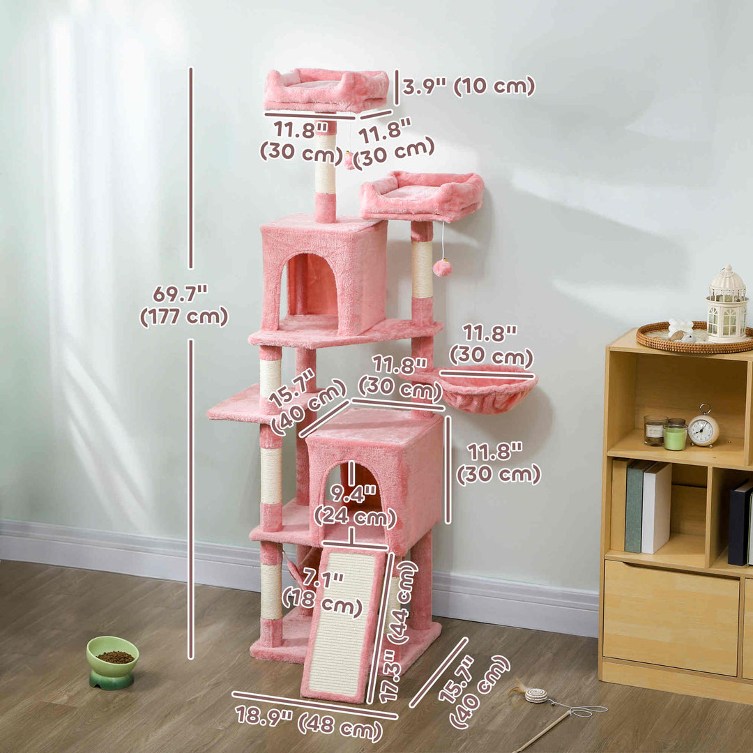 PawHut Cat Tree, 70" Multi-Level Cat Tower with 2 Condos, 2 Perches, Hammock, Toy Balls, Scratching Posts and Board, Green