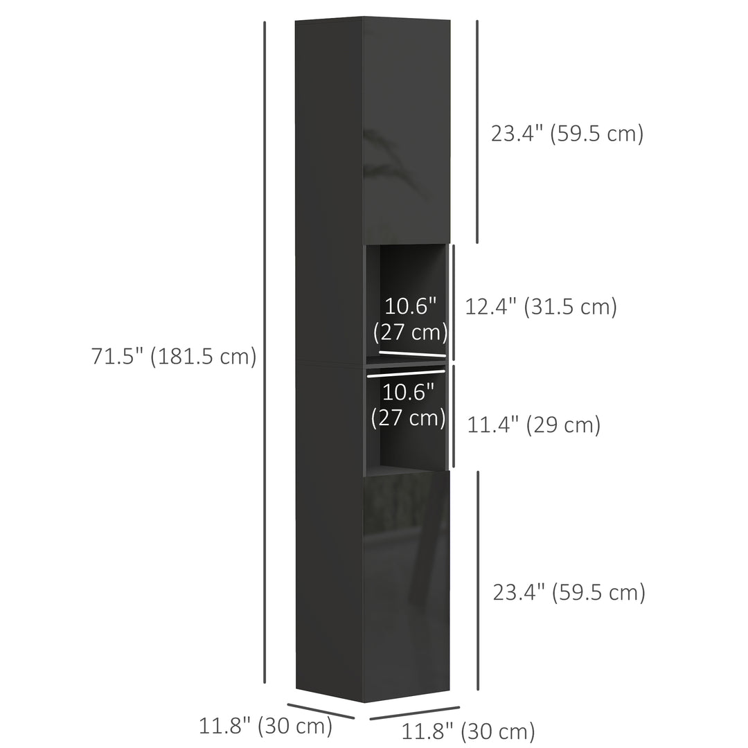 kleankin Tall Bathroom Cabinet, High Gloss Storage Cabinet with Doors and Adjustable Shelves, 11.8" x 11.8" x 71.5", White