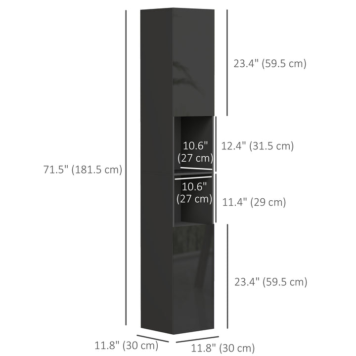kleankin Tall Bathroom Cabinet, High Gloss Storage Cabinet with Doors and Adjustable Shelves, 11.8" x 11.8" x 71.5", White