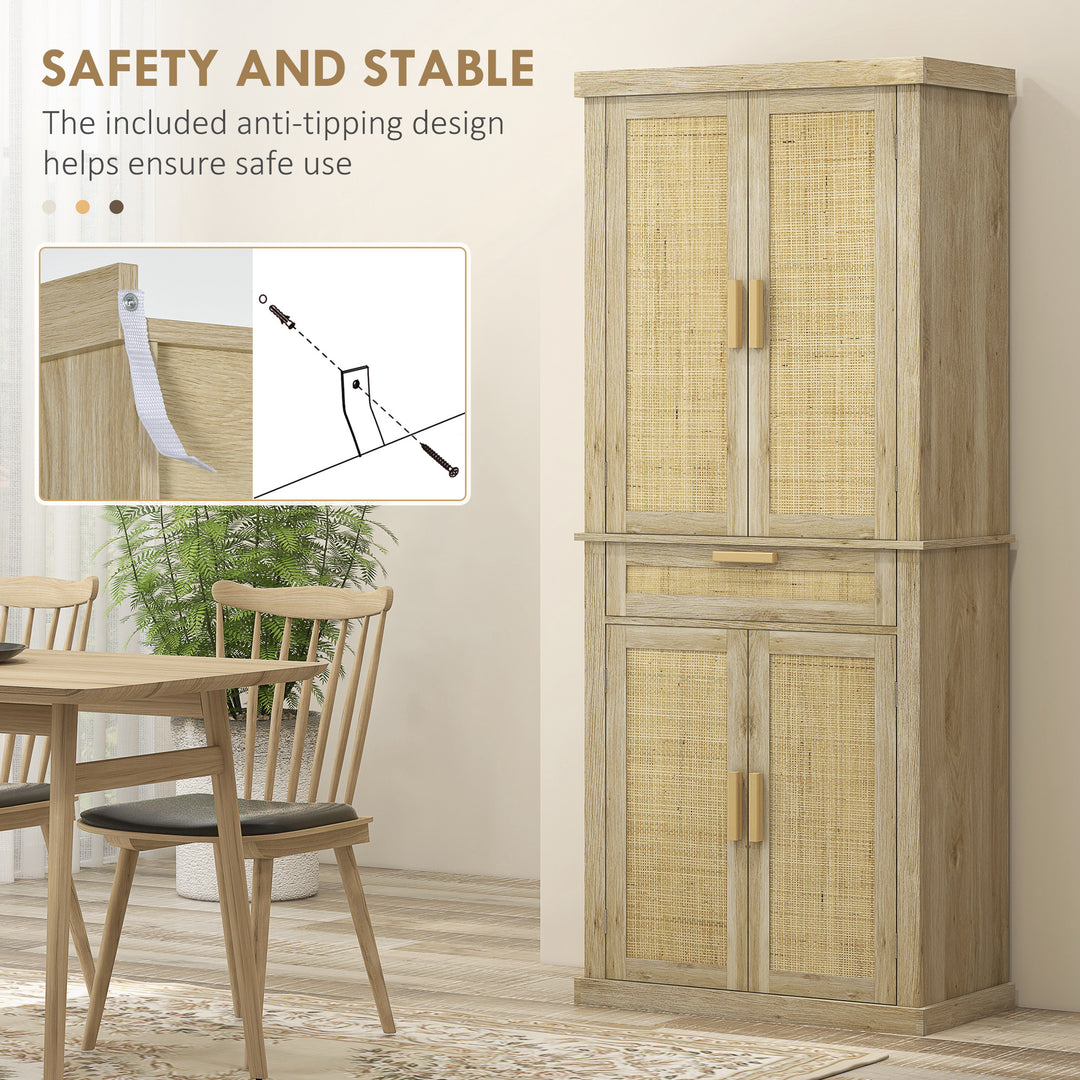 HOMCOM 72" Kitchen Storage Cabinet, Rattan Kitchen Pantry Cabinet with 4 Doors, Drawer, 5-Tier Shelf, Adjustable Shelves, Oak