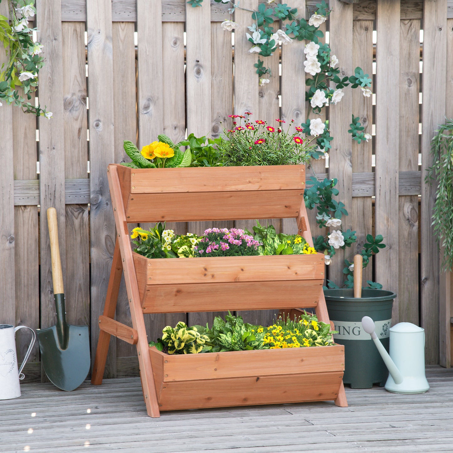 Outsunny 3 Tier Elevated Planter Box, Vertical Wooden Raised Garden Bed for Flowers, Vegetables, Herbs, 26" x 30" x 30", Green